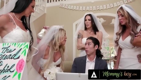 Busty brides share a wedding planner's dick in hot group sex.