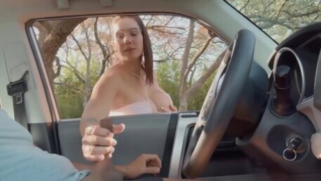 Busty babe fucks kinky stranger in his car